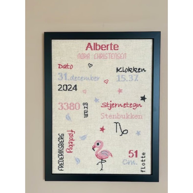 Fdselsdagsminde Flamingo - broderikit - bestillingsvare